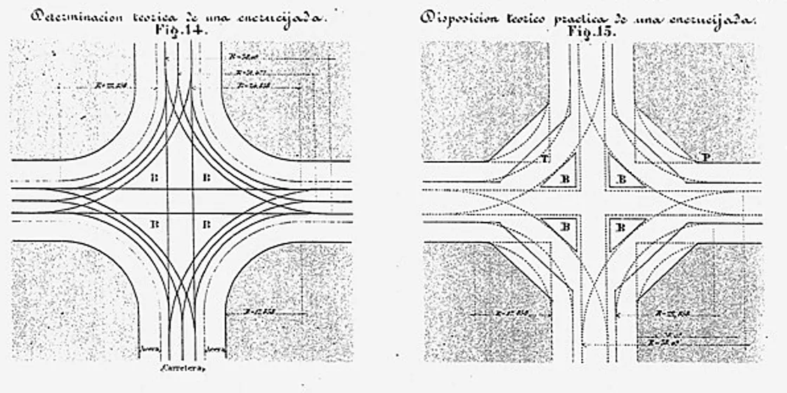 Two street-crossing plans from 1859, showing the cut corners that let traffic turn at each junction of Barcelona’s new grid.