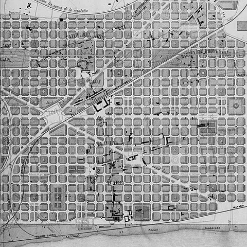 Detail of Ildefons Cerdà’s 1859 plan for Barcelona, showing the grid of the Eixample.